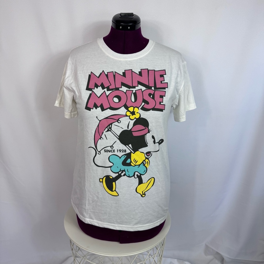 Disney Minnie Mouse T Shirt Women’s Large White Pink Graphic Retro Tee